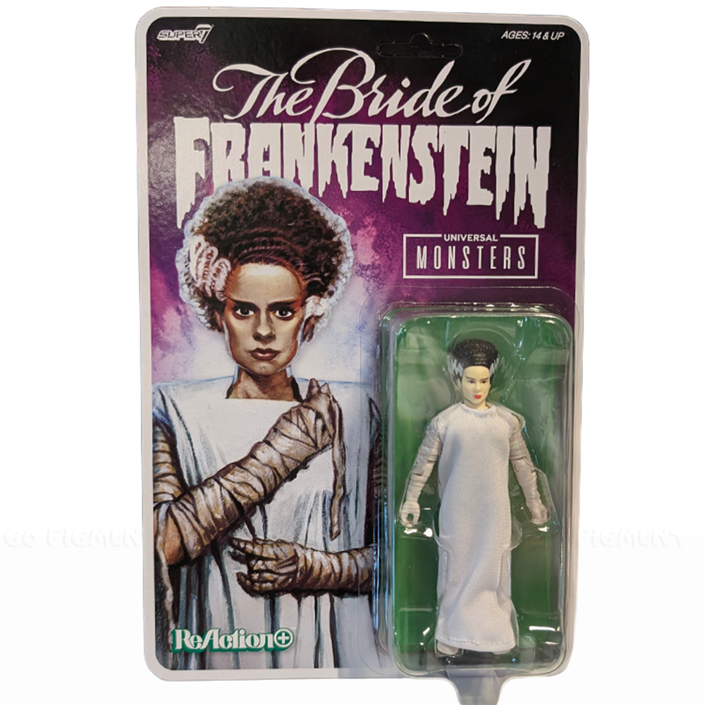 Bride of Frankenstein Universal Monsters Super7 ReAction+ 3.75-Inch Action Figure in packaging with character illustration and logo
