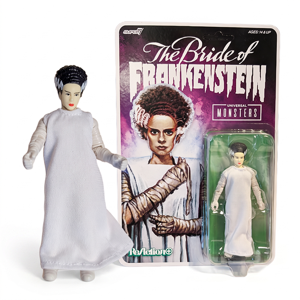 Bride of Frankenstein Universal Monsters Super7 ReAction+ 3.75-Inch Action Figure with classic packaging and cloth dress.