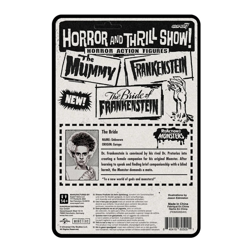 Bride of Frankenstein Universal Monsters Super7 ReAction+ 3.75-Inch Action Figure packaging back card with character bio and vintage horror design