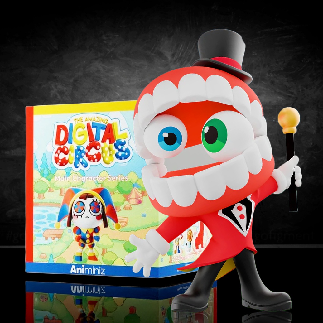 Caine figure from Glitch’s The Amazing Digital Circus Animiniz series in red tuxedo with top hat and colorful eyes holding a staff