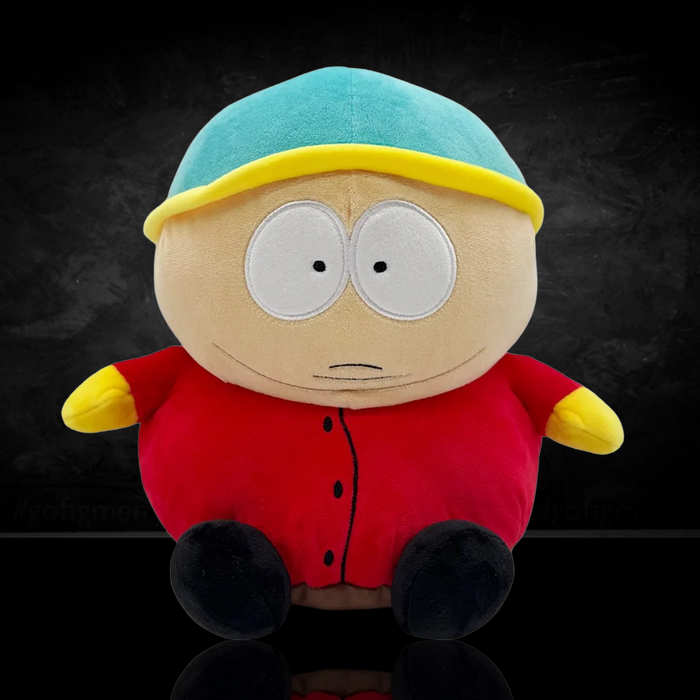 South Park Eric Cartman 9-Inch Plush by Youtooz wearing red jacket and blue hat against black background
