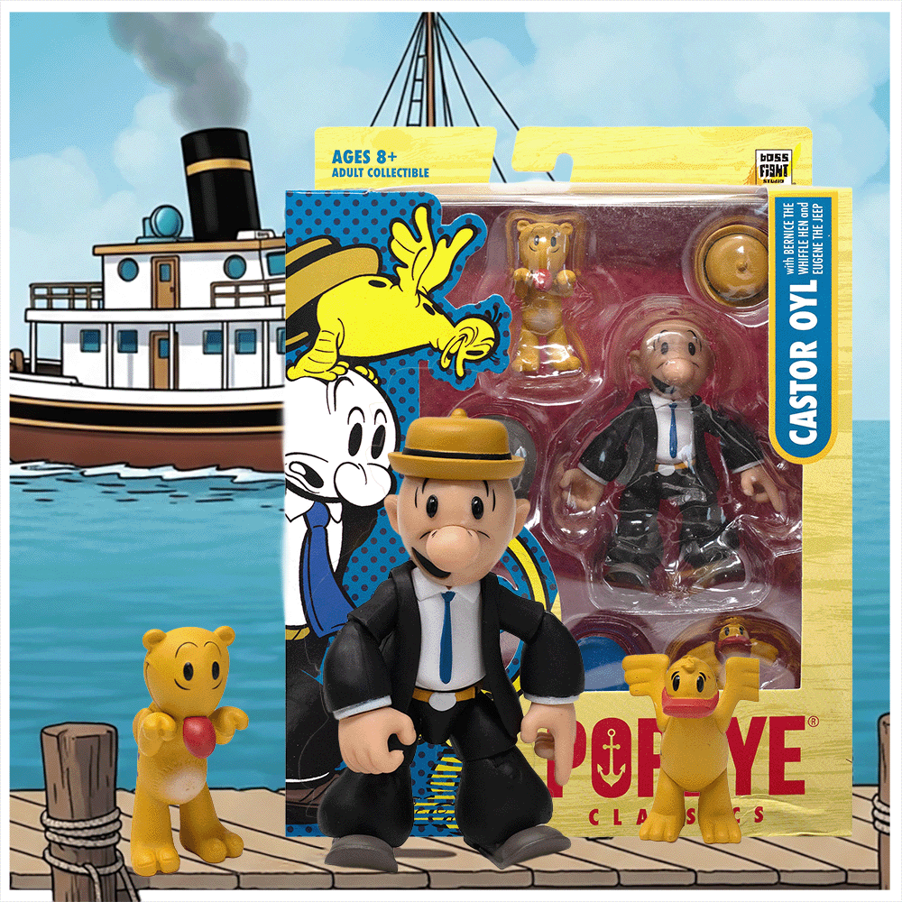 Boss Fight Studio Llc Castor Oyl Popeye Classics figure with Bernice the Whiffle Hen and Eugene the Jeep on illustrated dock background