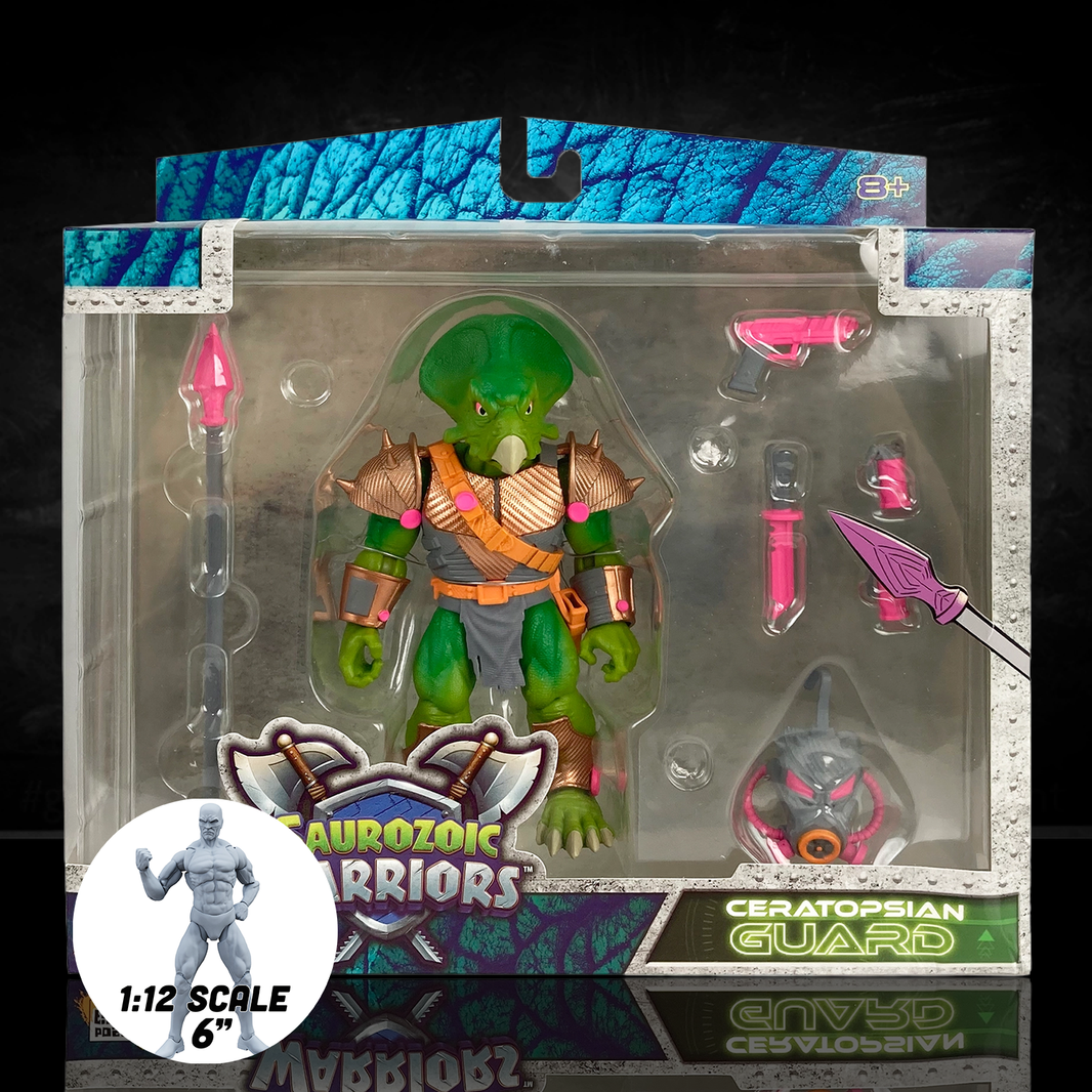 Detailed Styracosaurus infantry figure, Ceratopsian Guard, shown with tactical accessories including a spear, blaster pistol, and a removable gas mask. This 6-inch scale dinosaur soldier is designed as an army builder for 1:12 scale action figure displays.