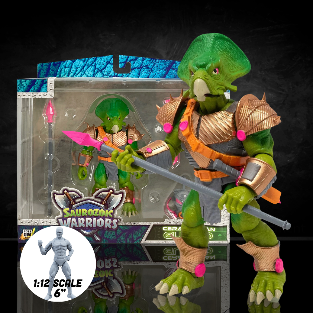 Detailed Styracosaurus infantry figure, Ceratopsian Guard, shown with tactical accessories including a spear, blaster pistol, and a removable gas mask. This 6-inch scale dinosaur soldier is designed as an army builder for 1:12 scale action figure displays.