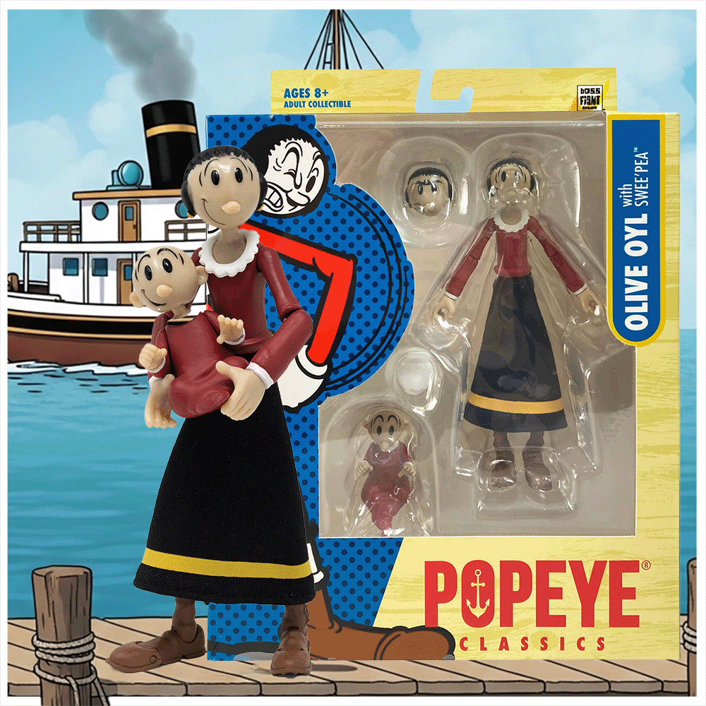 Boss Fight Studio Llc Olive Oyl figure in red top and black skirt with Sweat Pea and interchangeable faces on packaging
