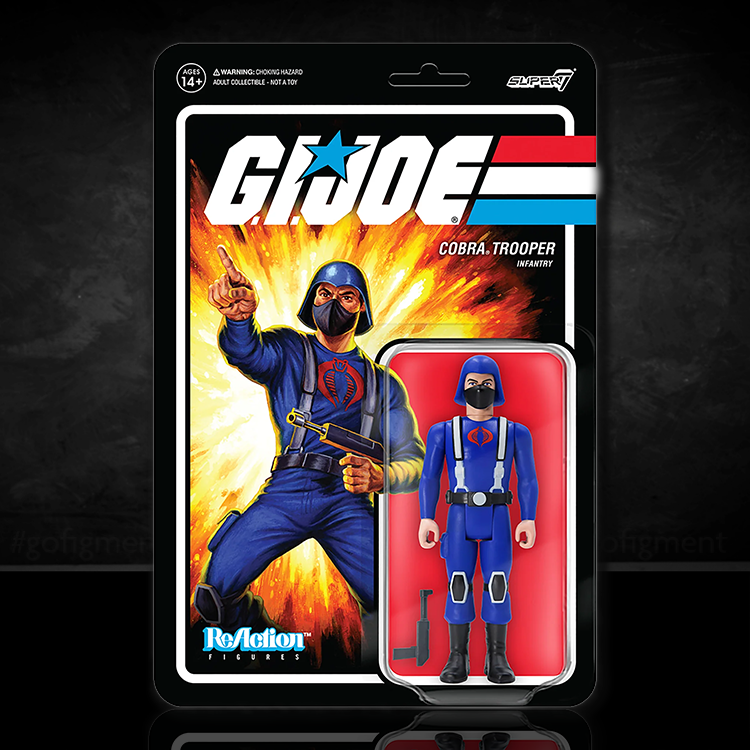 GI Joe COBRA Trooper Infantry Y-Back - Tan Action Figure Super7 in packaging with laser rifle accessory visible.