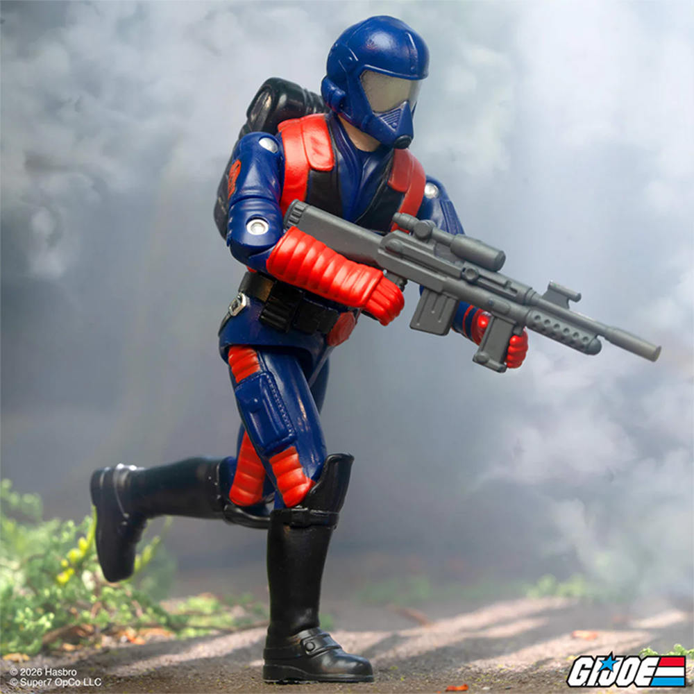 Cobra Viper Gunner Gi Joe 3 3/4-Inch ReAction+ Action Figure by Super7 posed with detailed weapon and armor in smoky environment