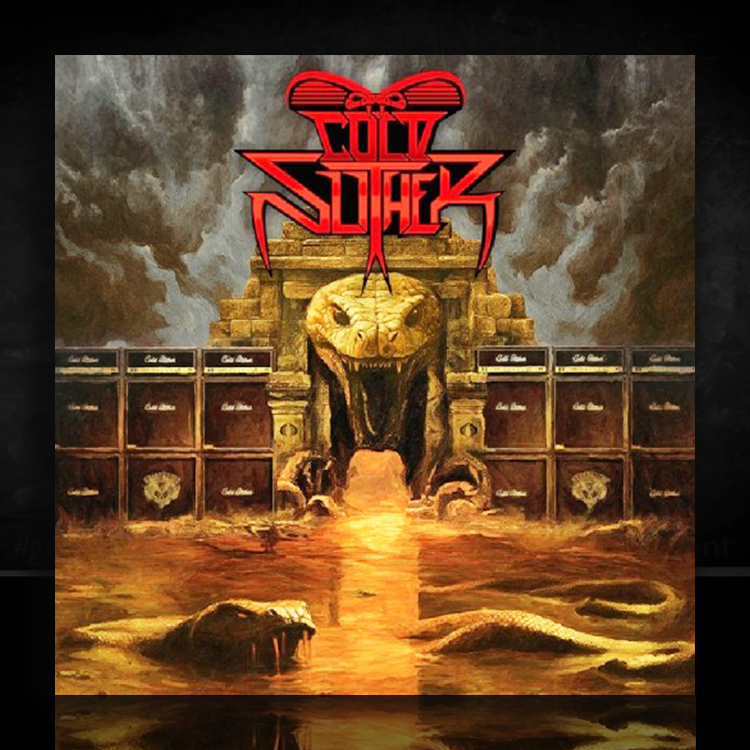 Cold Slither album cover featuring a giant snake mouth and stacks of amplifiers under smoky skies.