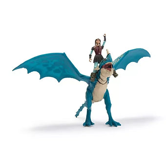 Astrid action figure riding Stormfly dragon with outstretched wings from How to Train Your Dragon series