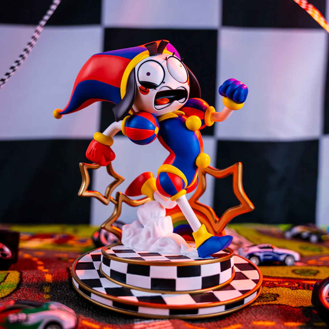 Pomni AniMEGAZ The Amazing Digital Circus 8 Inch Statue and Base/ Free Collector Case by Glitch with vibrant jester figure