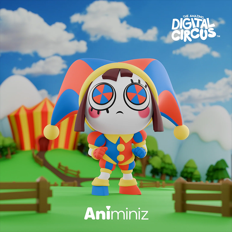Pomni figure from The Amazing Digital Circus by Glitch in colorful jester outfit with pinwheel pupils on green field background