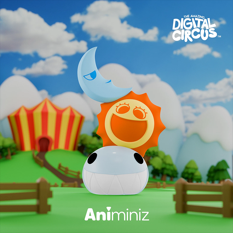 Glitch collectible Bubble figure from The Amazing Digital Circus with playful sun and moon characters and colorful background.