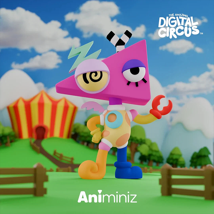 Colorful Zooble figure from The Amazing Digital Circus by Glitch with mismatched limbs and triangle head in vibrant setting