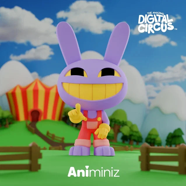 Glitch's The Amazing Digital Circus Animiniz figure of a smiling purple rabbit in red overalls on a colorful farm background
