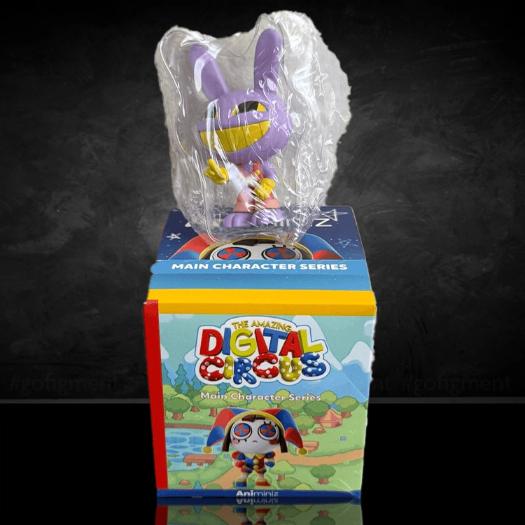 Purple Jax figure from Glitch’s The Amazing Digital Circus Main Character Series in bubble wrap on colorful packaging box