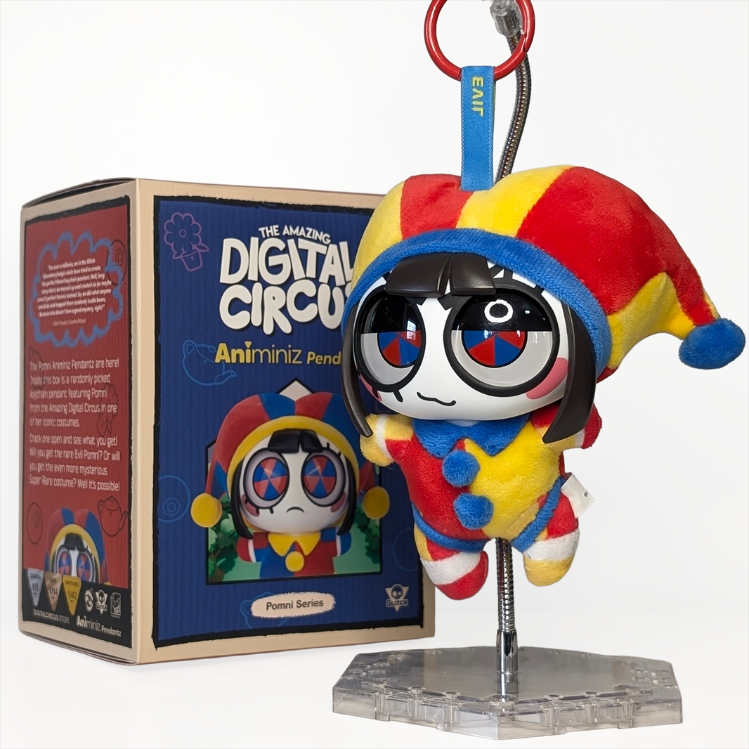 The Amazing Digital Circus Pomni Animiniz Pendantz Premium Plush Keychain Figure - U-PICK by Glitch displayed with packaging