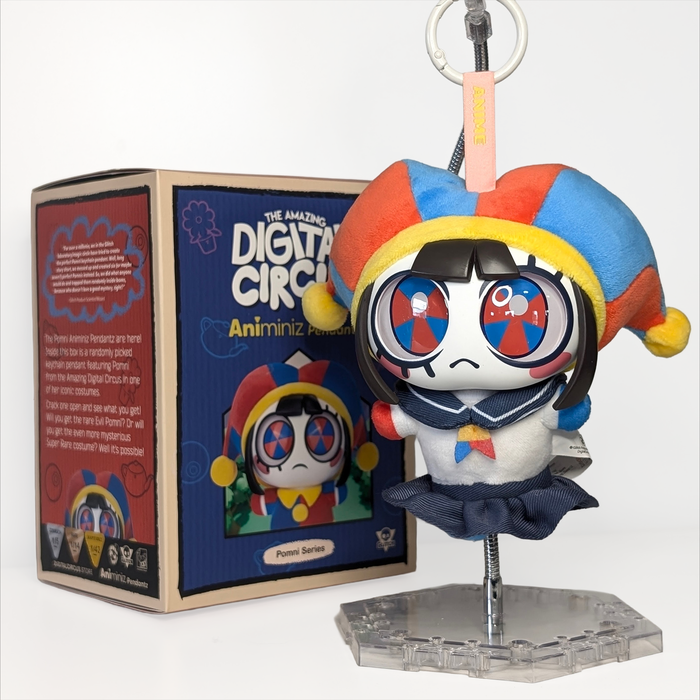 The Amazing Digital Circus Pomni Animiniz Pendantz Premium Plush Keychain Figure - U-PICK by Glitch displayed with packaging