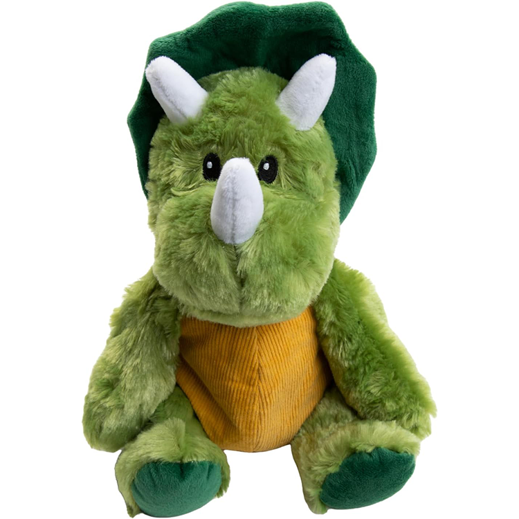 Green triceratops plush toy with soft fur and orange corduroy belly from GoFigment Warm Pal collection.