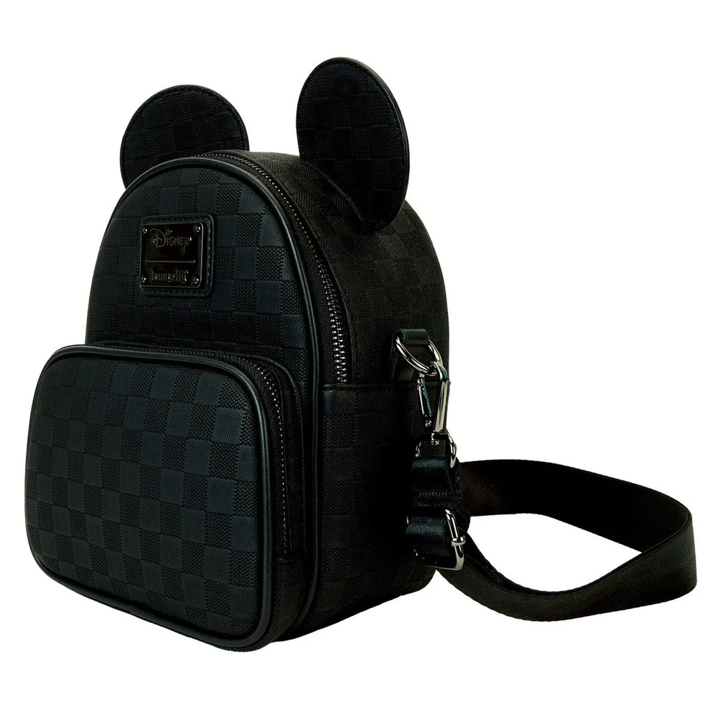 Disney Loungefly black checkerboard mini backpack with Mickey Mouse ears and convertible crossbody strap