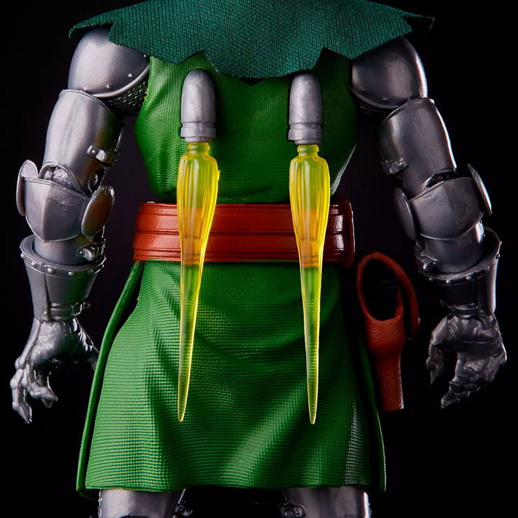 Rear view of Marvel Legends Dr. Doom action figure with green tunic and yellow energy effects by Hasbro