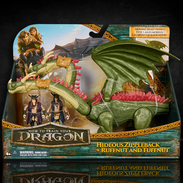 How to Train Your Dragon Hideous Zippleback dragon with Ruffnut and Tuffnut action figures set in packaging