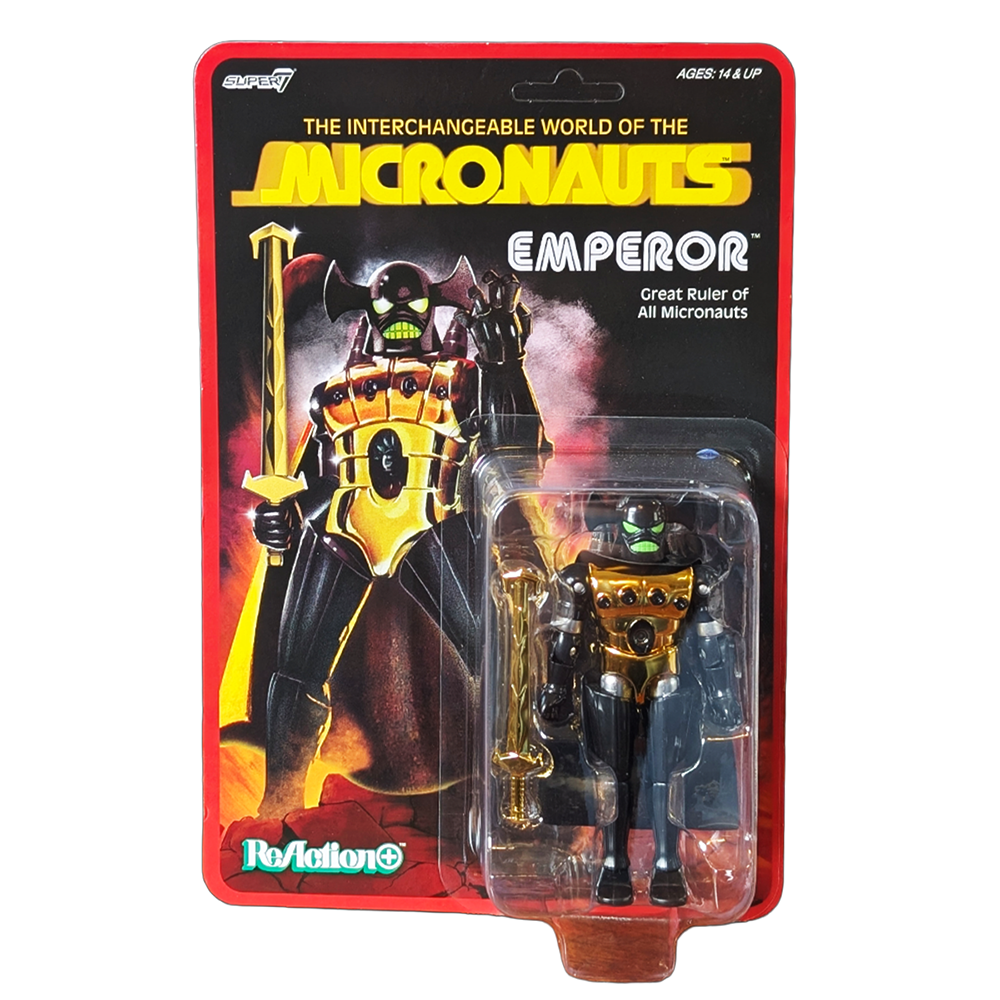 Emperor Micronauts Super7 ReAction+ Action Figure with Sword and Cape in blister packaging