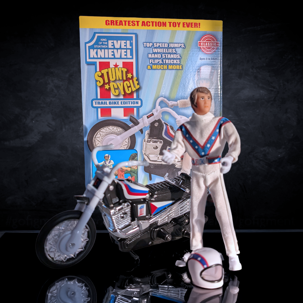 The Original 1970's Evel Knievel Stunt Cycle Upgraded And Advanced NEW by Go Figment with action figure and helmet