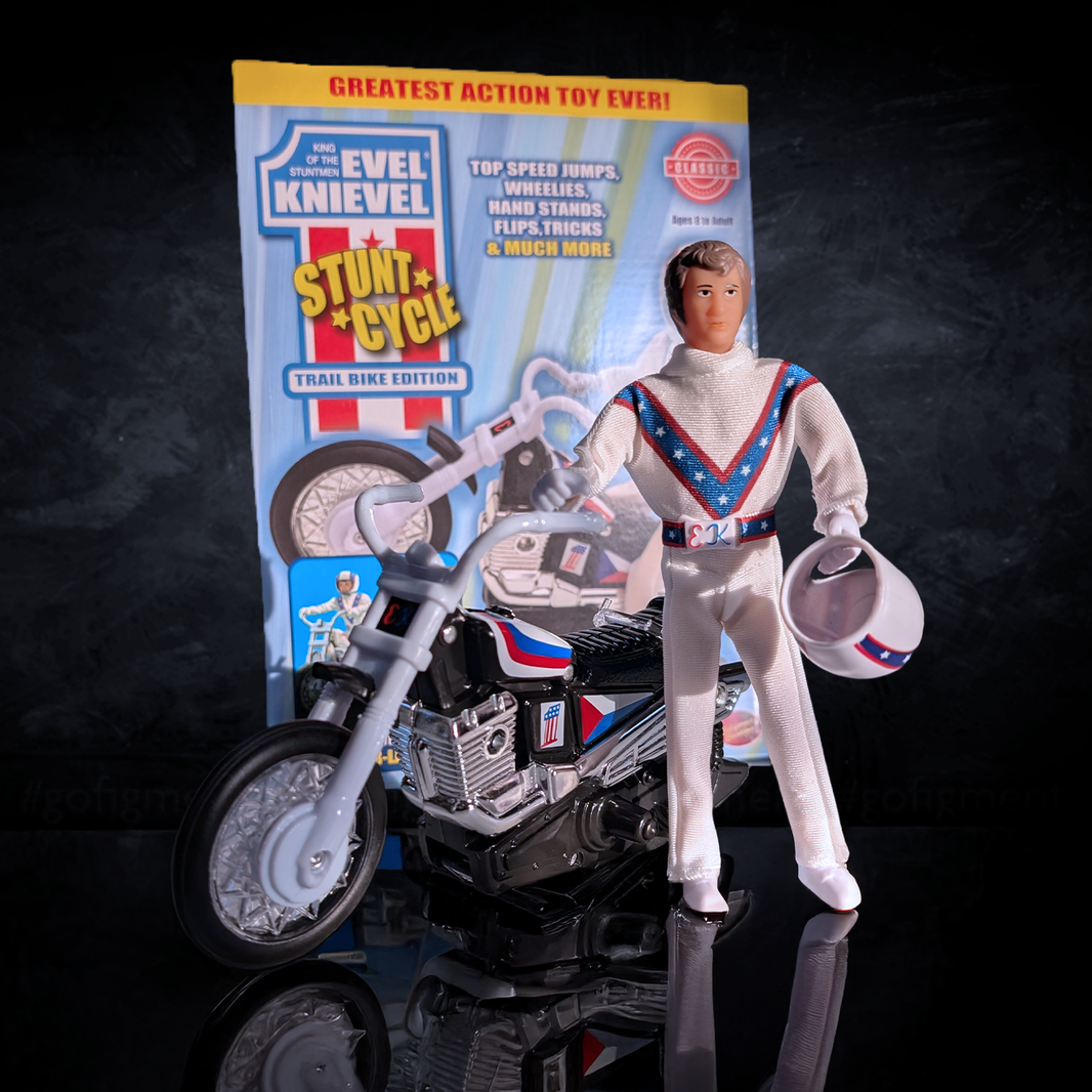 The Original 1970's Evel Knievel Stunt Cycle Upgraded And Advanced NEW vintage toy by Go Figment with figure and bike.