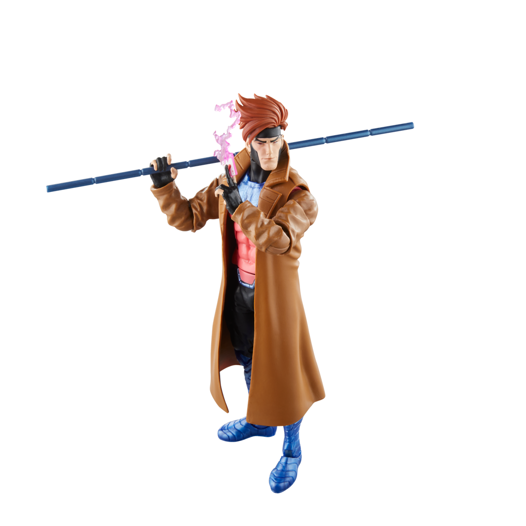 Hasbro Gambit action figure from Marvel Legends X-Men 97 series holding a bo staff and glowing cards