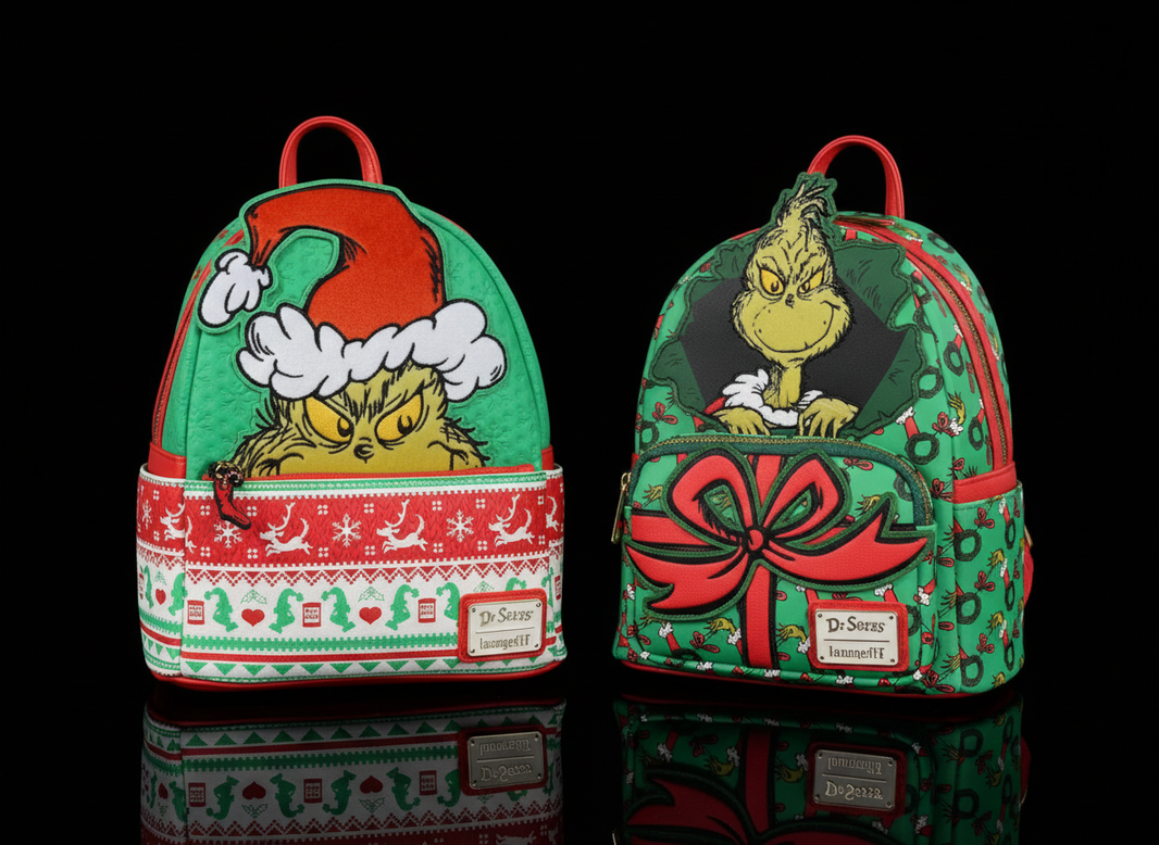 Loungefly How the Grinch Stole Christmas mini-backpack set with festive Grinch designs and holiday-themed patterns