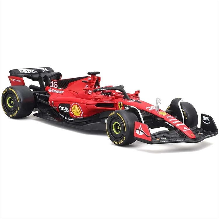 Bburago 1:43 scale die-cast model of Ferrari SF-23 Formula 1 car driven by Charles Leclerc with detailed livery and helmet.