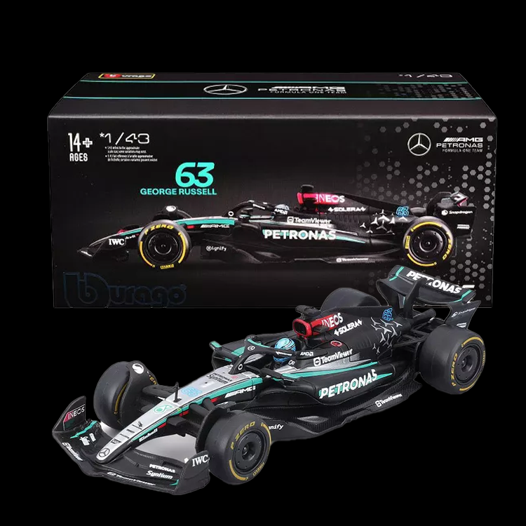 Bburago 1:43 scale die-cast Mercedes W15 with George Russell figure and detailed 2024 Formula 1 livery model car.