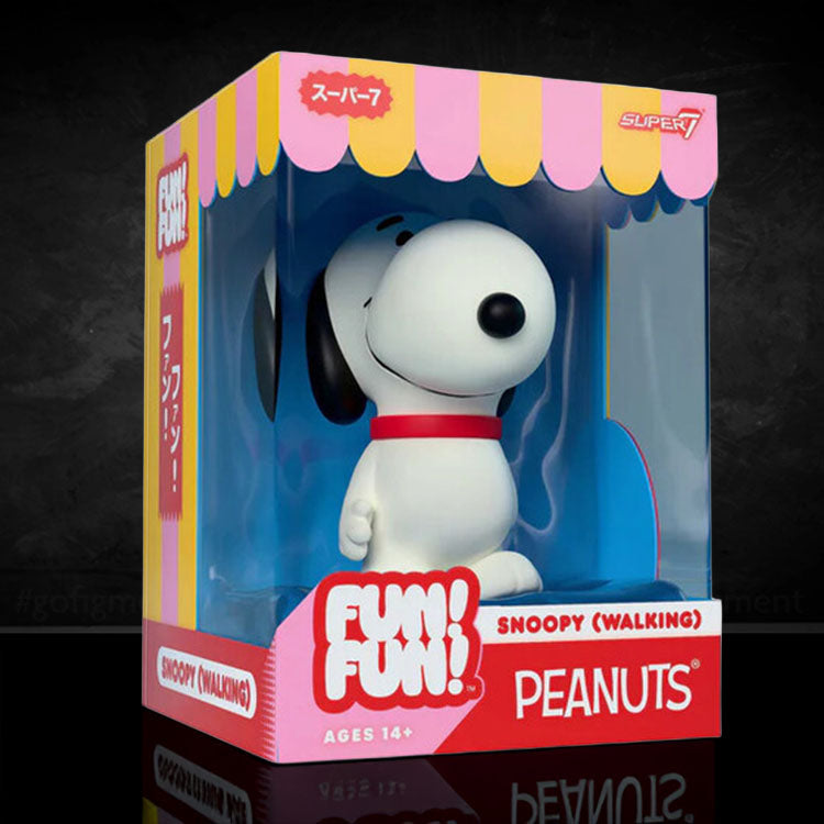 Super7 Peanuts Snoopy walking vinyl figure in colorful window display box with Funko style branding