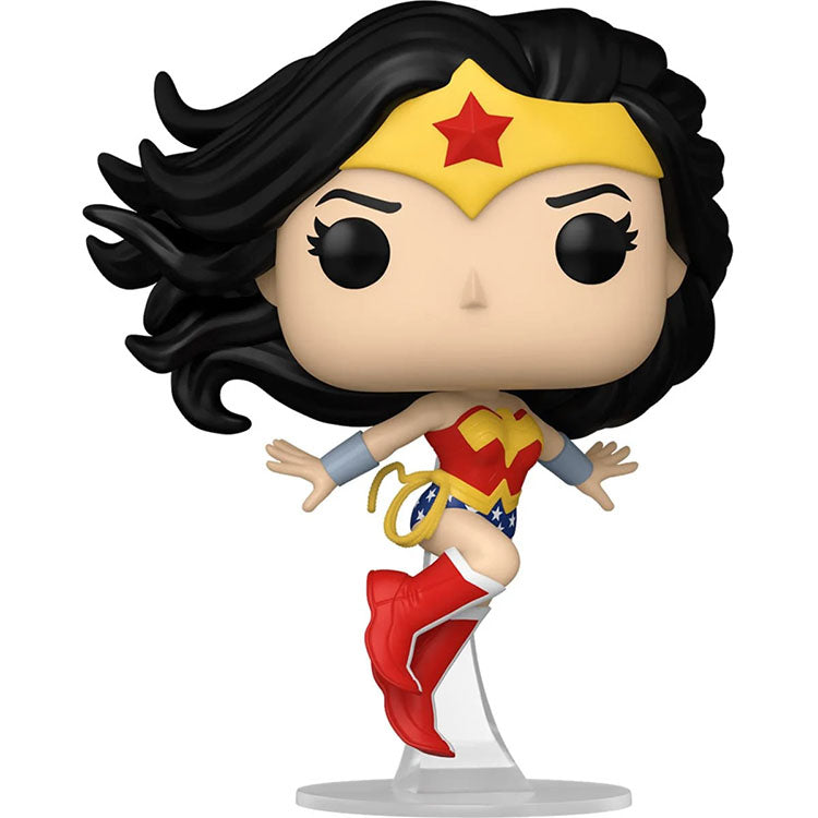 Wonder Woman Funko Pop vinyl figure with classic costume, tiara, bracelets, and lasso in dynamic pose by FUNKO