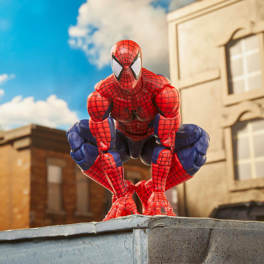 Hasbro Spiderman Marvel Legends Maximum Series 6 inch action figure posed crouching on rooftop with city background