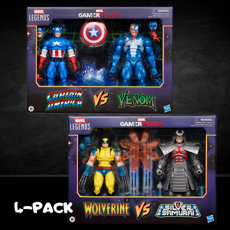 Hasbro Marvel Legends Gamerverse 4-pack featuring Captain America, Venom, Wolverine, and Silver Samurai figures.