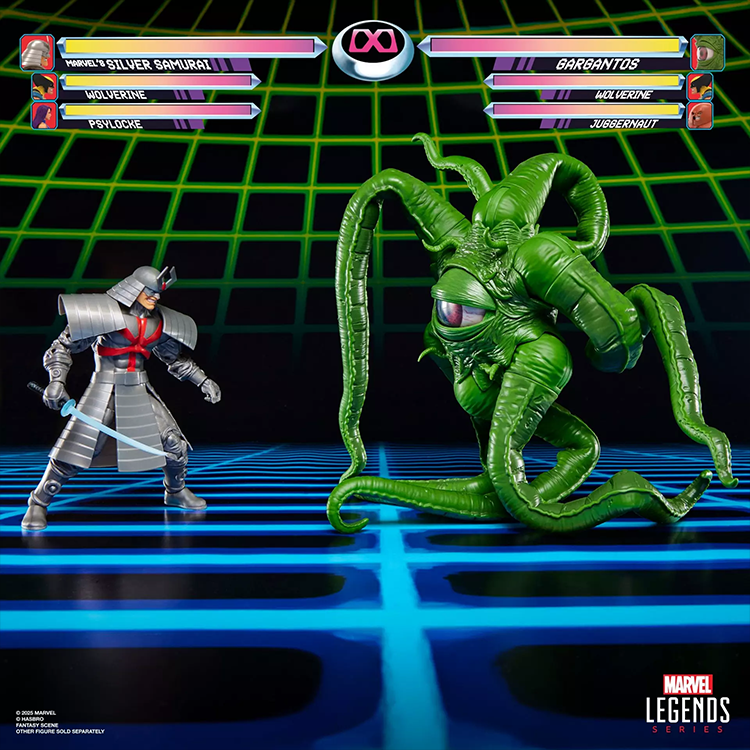 Marvel Legends Gamerverse Gargantos and Silver Samurai action figures posed in a retro arcade battle scene