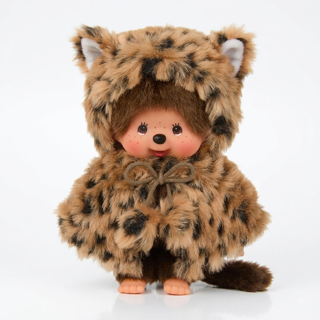 8" Large Monchhichi Doll - Girl in Leopard Hood and Cape - Authentic Monkey Plush, NWT by Sekiguchi