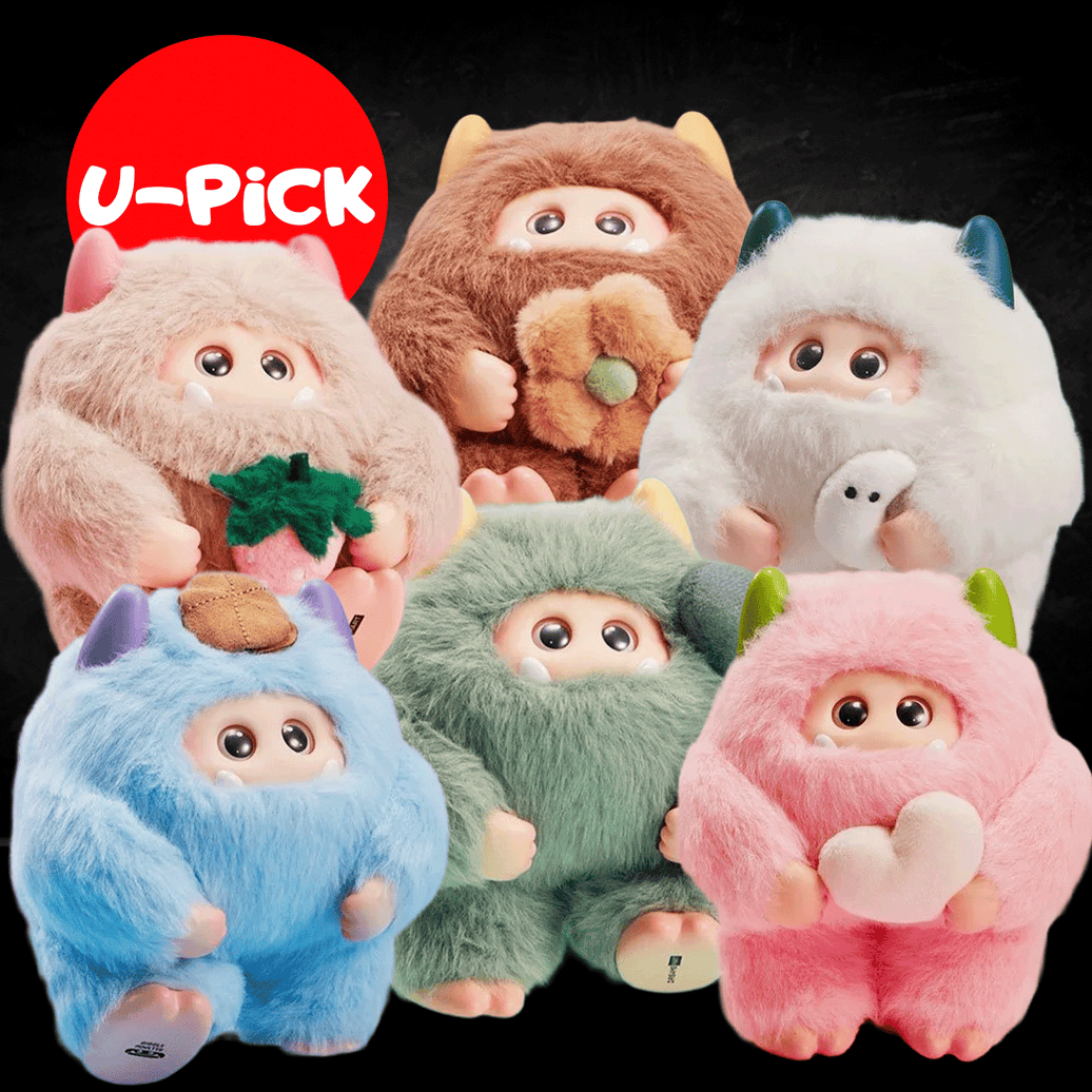 OHKU Giggle Monster Marshmallow Dreams plush toys in various colors holding playful accessories on black background