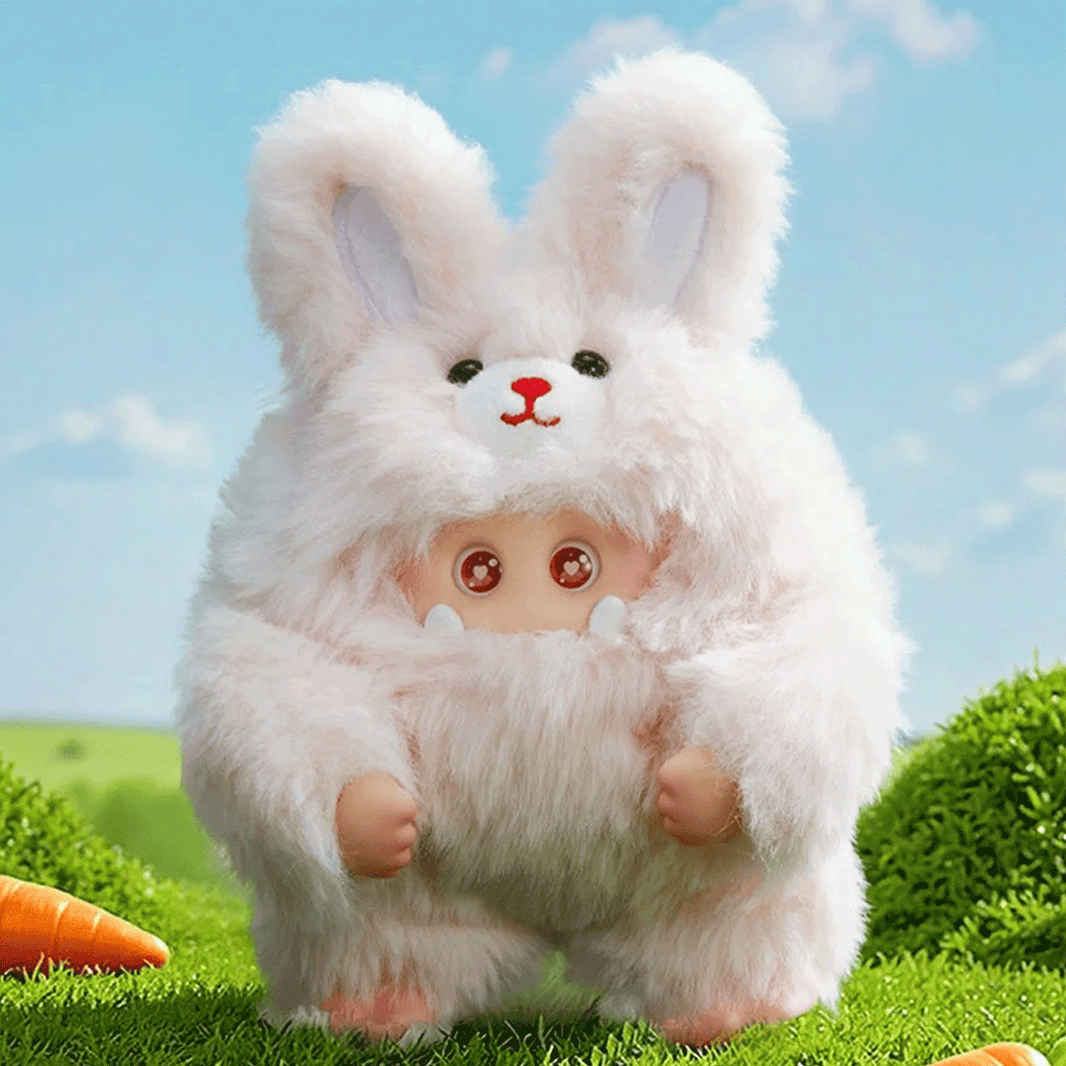 OHKU Giggle Monster Furry Forest plush figure in white bunny costume with large ears and detailed eyes outdoors