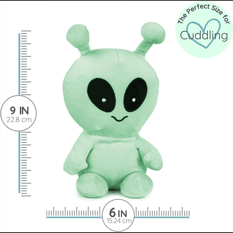 Soft 9-inch glow-in-the-dark green alien plush with black eyes, perfect size for cuddling and comfort.