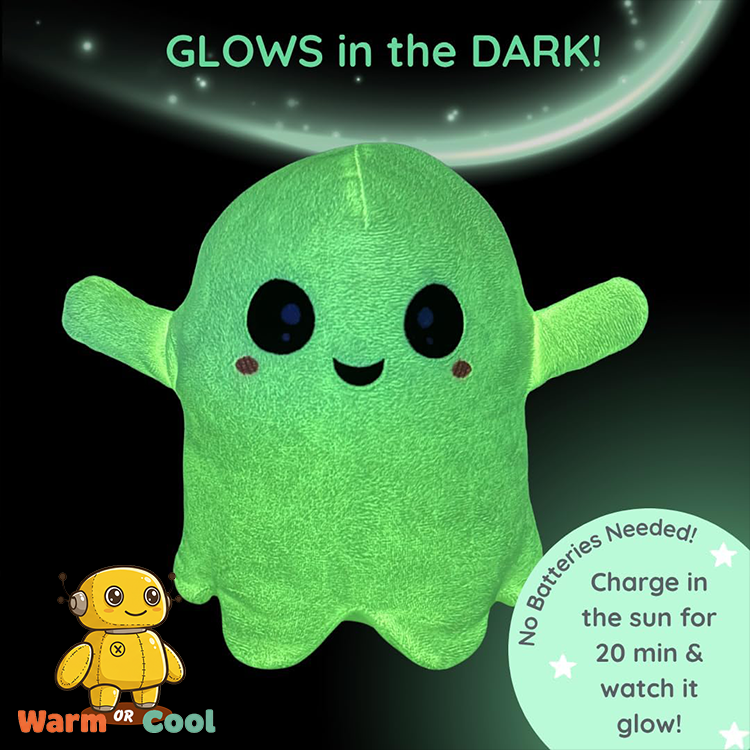 Soft green glow-in-the-dark ghost plush that charges in sunlight for gentle nighttime comfort and soothing glow