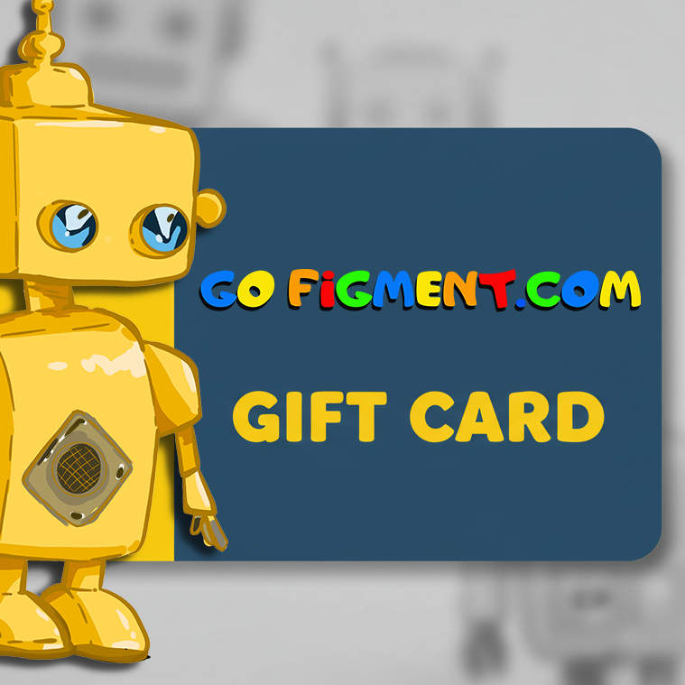 Colorful Go Figment gift card design with a shiny yellow robot on a gray background for collectors and fans.
