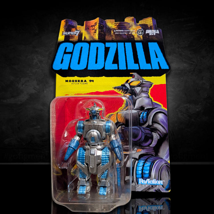 Super7 M.O.G.U.E.R.A. 1994 Godzilla ReAction action figure in original blister packaging with colorful cardback.