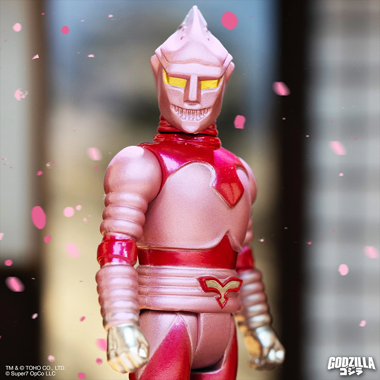Jet Jaguar action figure in cherry blossom metallic pink and white finish by Super7, close-up view