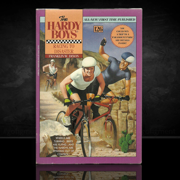 Cover of vintage 1994 Hardy Boys book Racing to Disaster by Franklin W. Dixon, published by Simon & Schuster