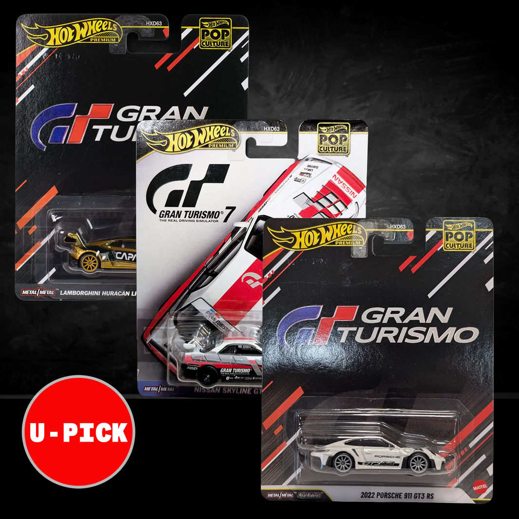 Hot Wheels Premium Grand Turismo U-PICK Pop Culture Metal Real Riders Cars Mattel collectible set with three detailed cars.