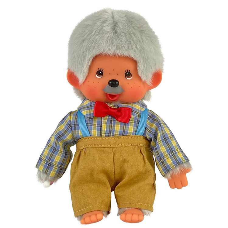 8" Large Monchhichi Doll - Boy Grandpa - Authentic Monkey Plush, NWT by Sekiguchi wearing plaid shirt and bow tie