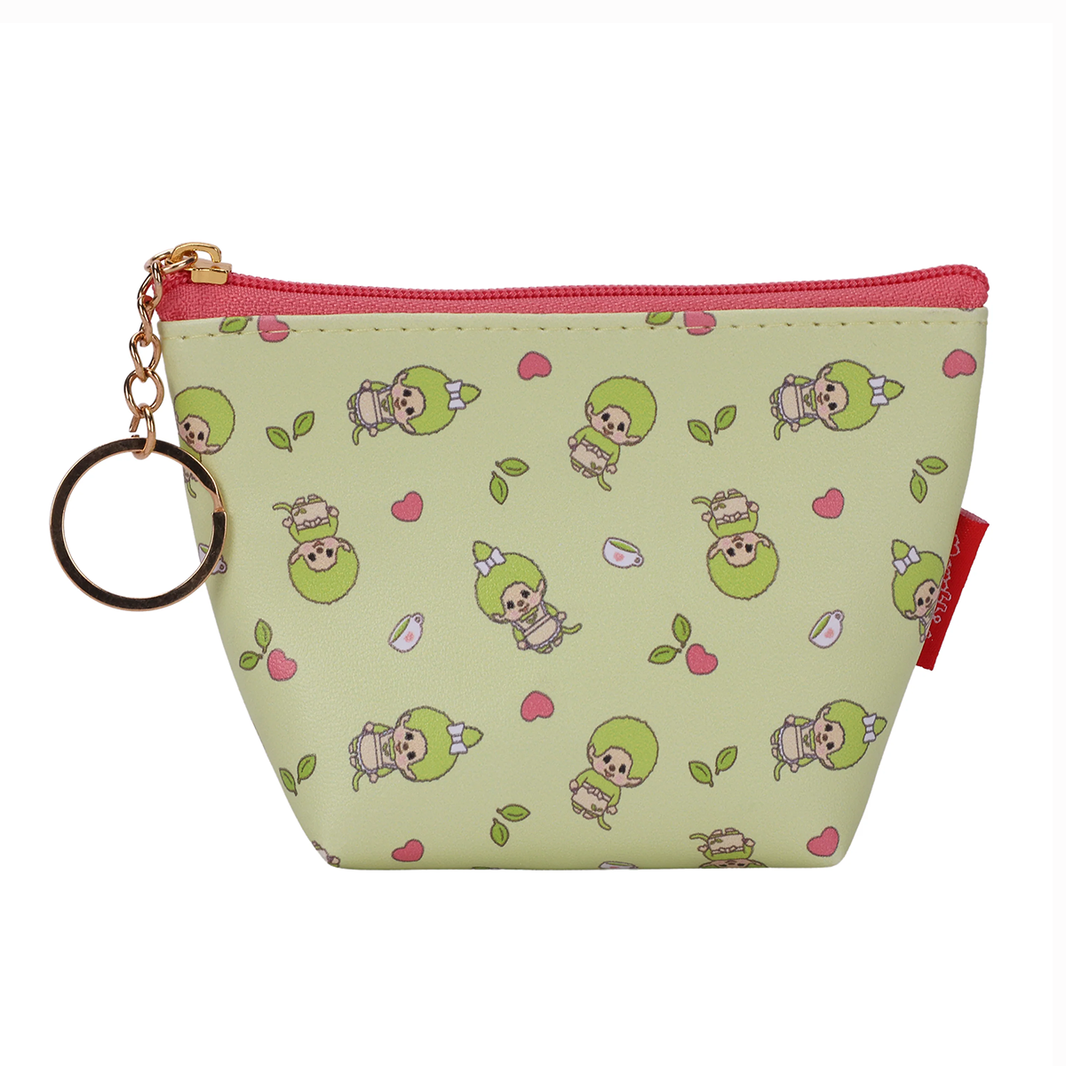Monchhichi Green Tea Coin Purse Sekiguchi Pouch With Key Ring and Zipper featuring a green character pattern