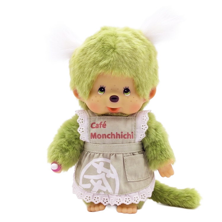 8" Monchhichi Green Tea Girl - in Green Apron with White Pig Tails and Green Eyes